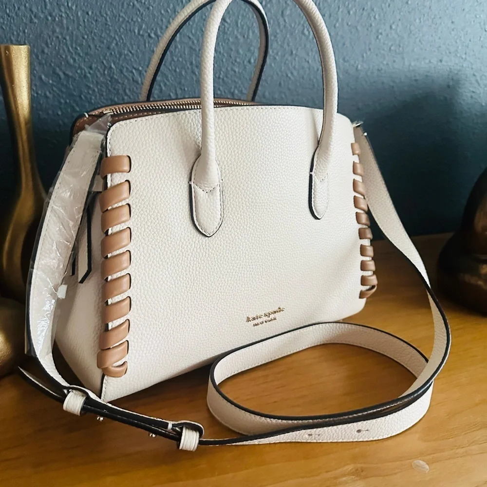 NWT Kate Spade Cream and Tan Satchel with Structured Design & Woven Accents